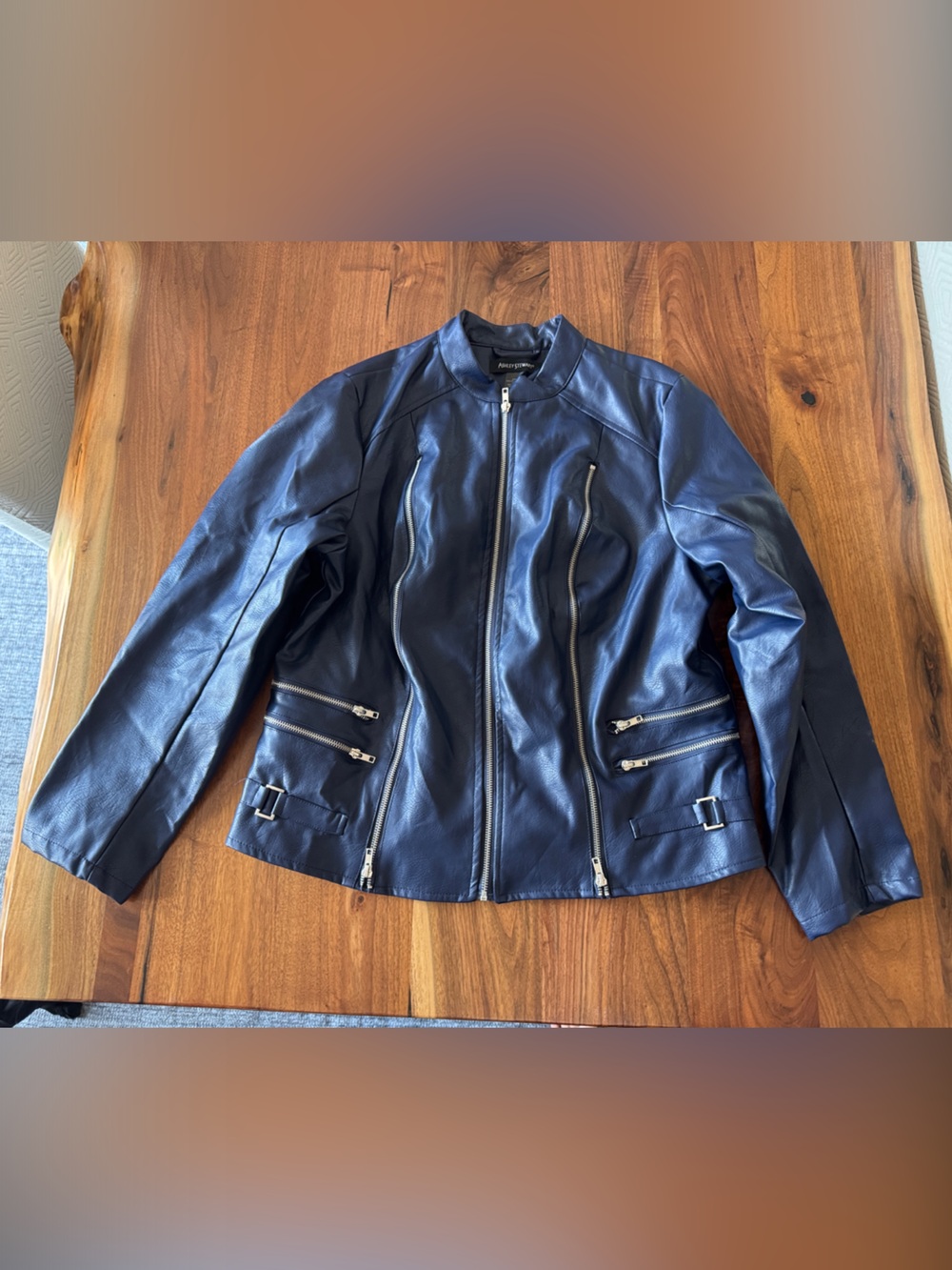 Ashley Stewart Navy Faux Leather Moto Jacket with Zip Accents